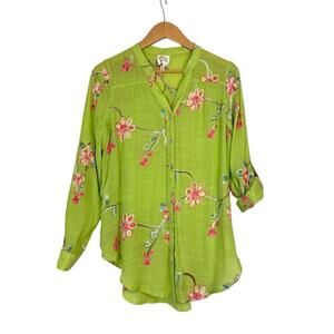 Fig & Flower Women's Embroidered Floral Button Front Shirt Size S Green Roll Tab